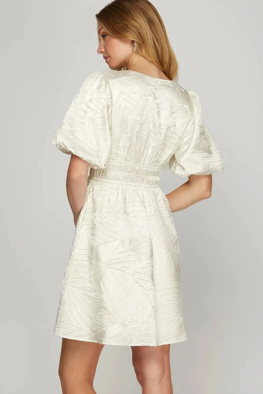 She + Sky Crinkle Woven V-Neck Balloon Sleeve Mini Dress by She + Sky
