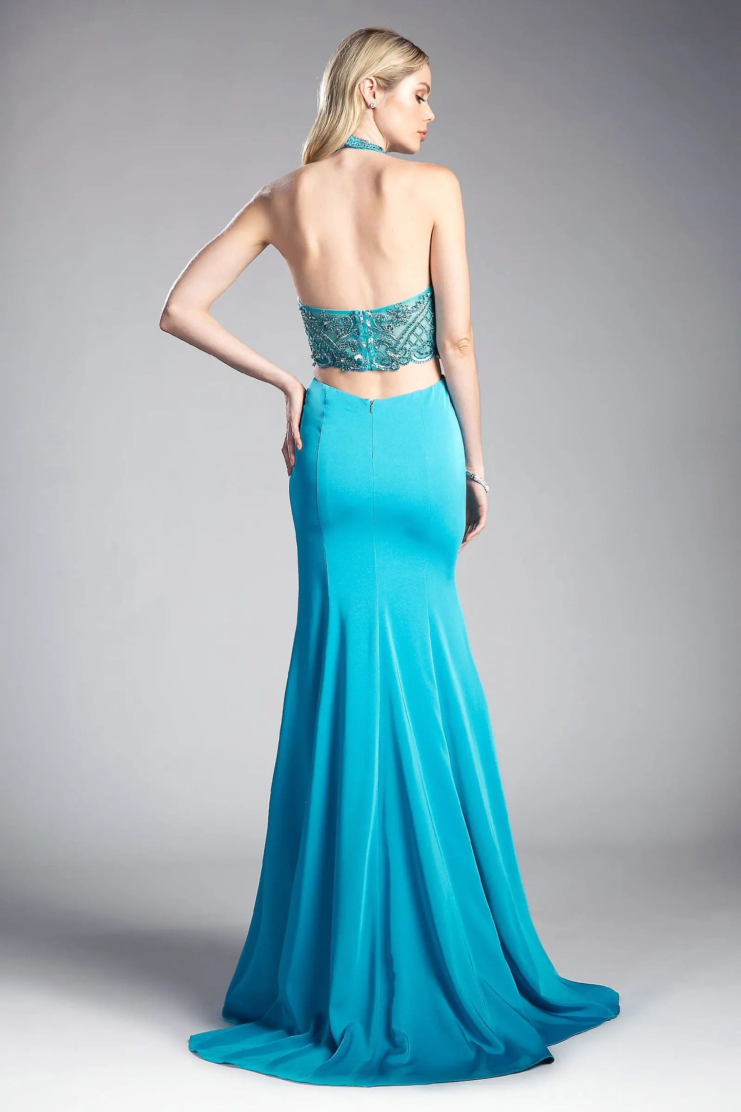Fitted Stretch Jersey Gown with Halter Neckline and Cut Outs by Tux-USA