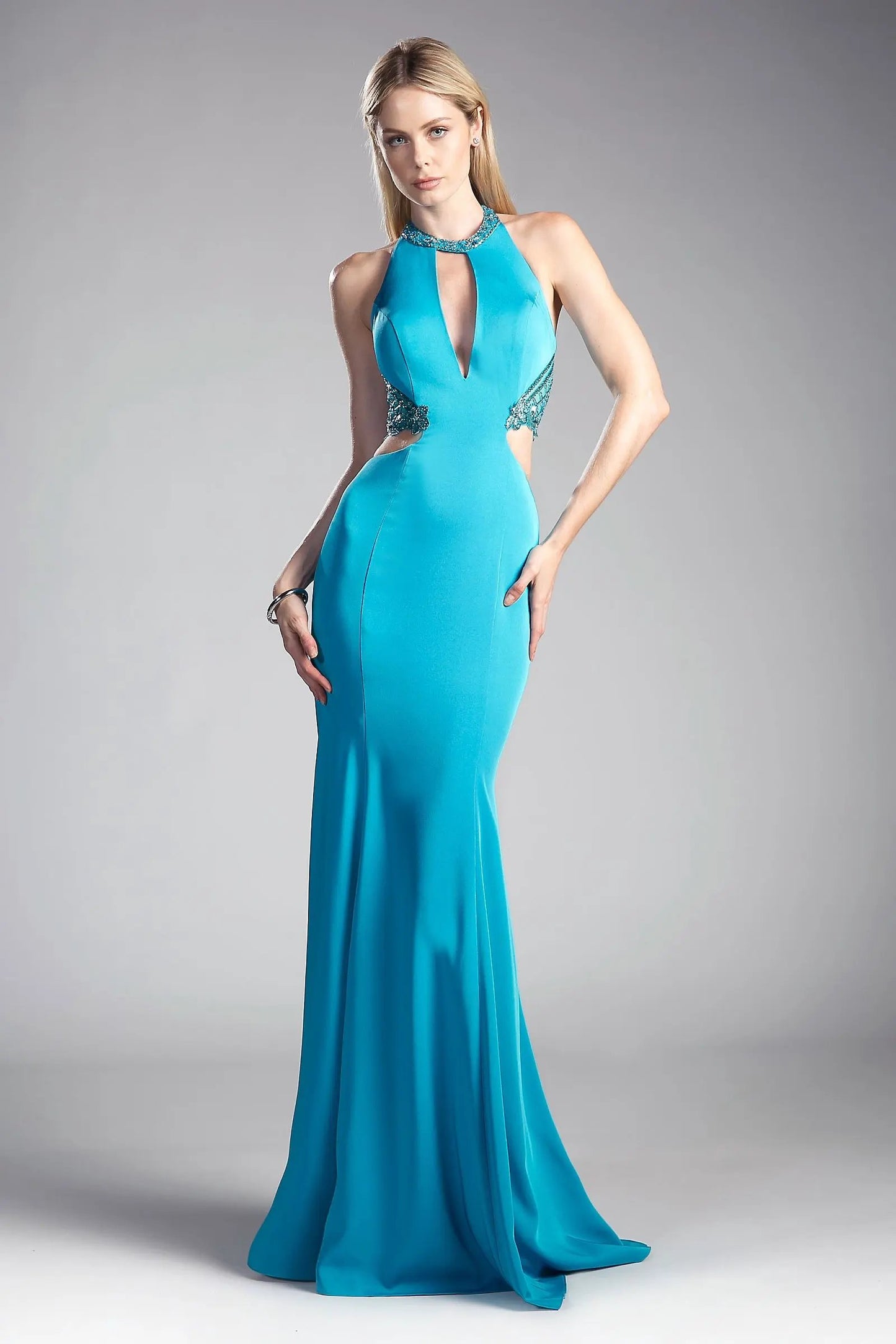Fitted Stretch Jersey Gown with Halter Neckline and Cut Outs by Tux-USA