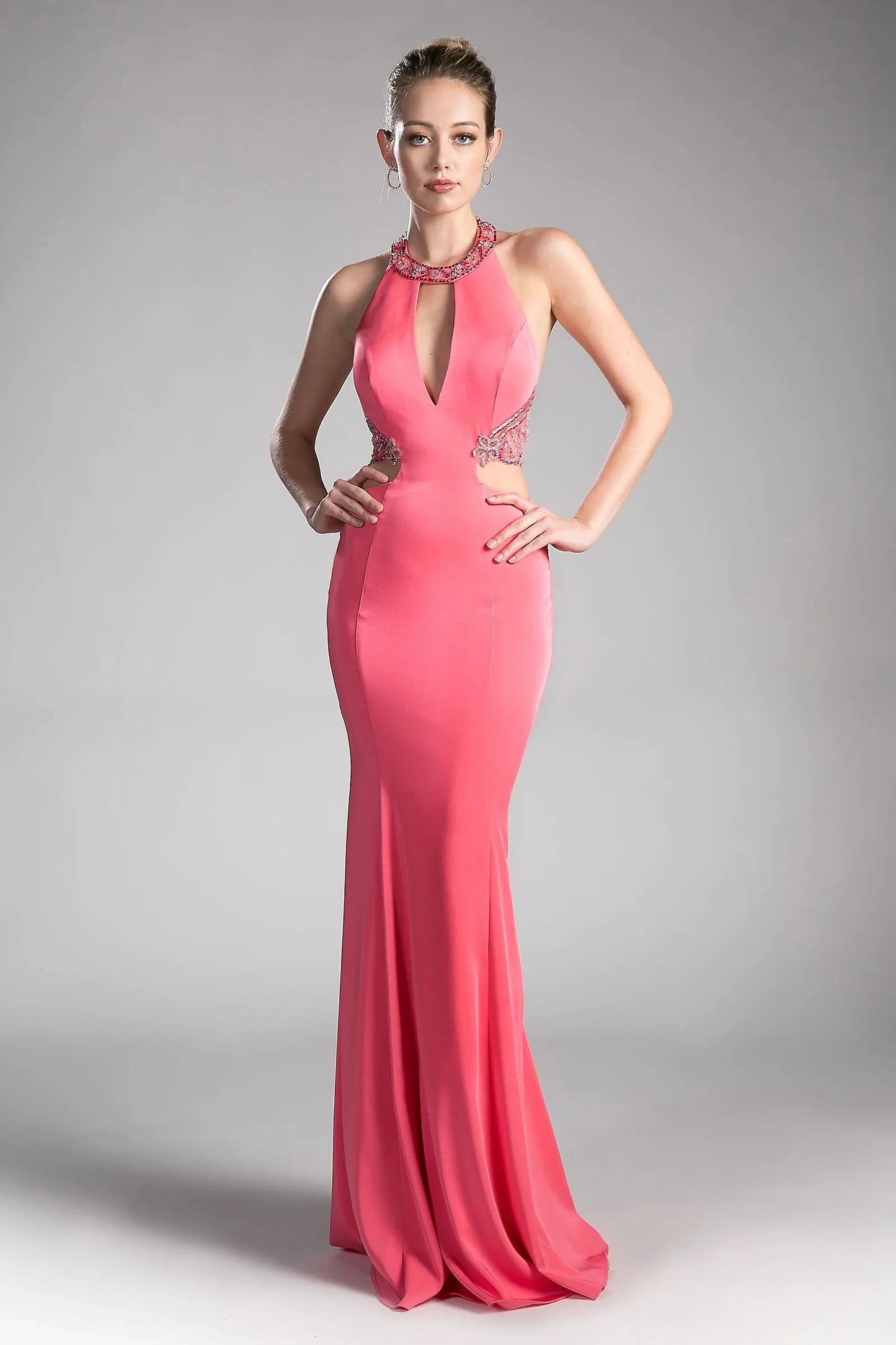 Fitted Stretch Jersey Gown with Halter Neckline and Cut Outs by Tux-USA