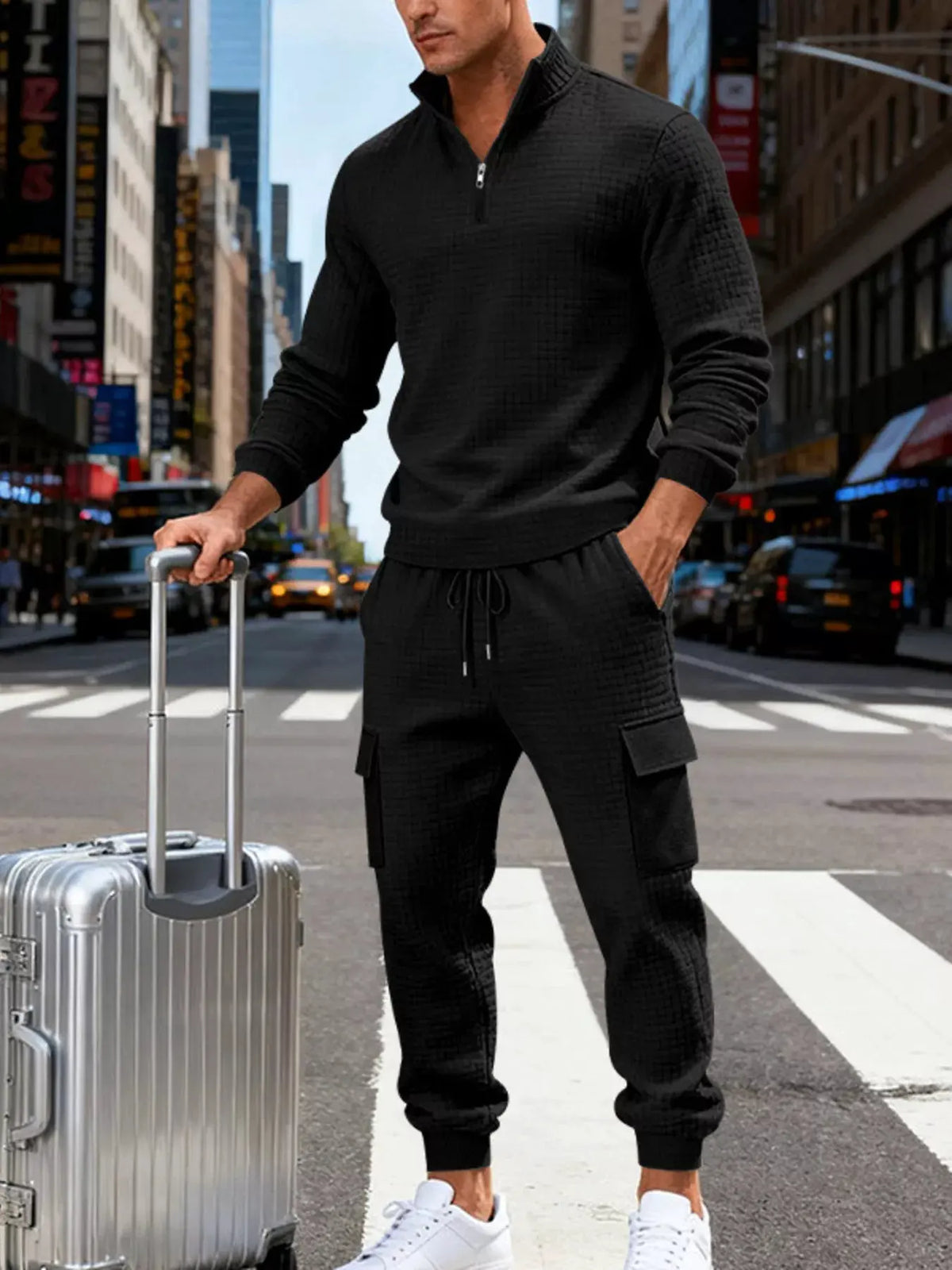 Men's Full Size Quarter-Zip Top and Cargo Joggers Set Plus Size by Trendsi