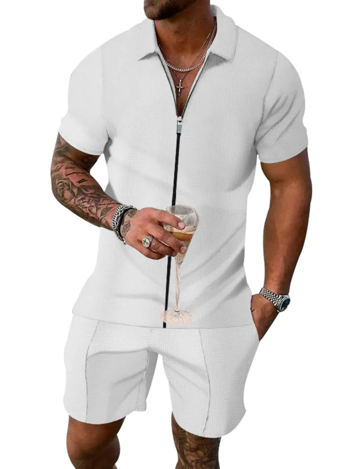 Men's Plus Size Zip Up Short Sleeve Top and Shorts Set by Trendsi