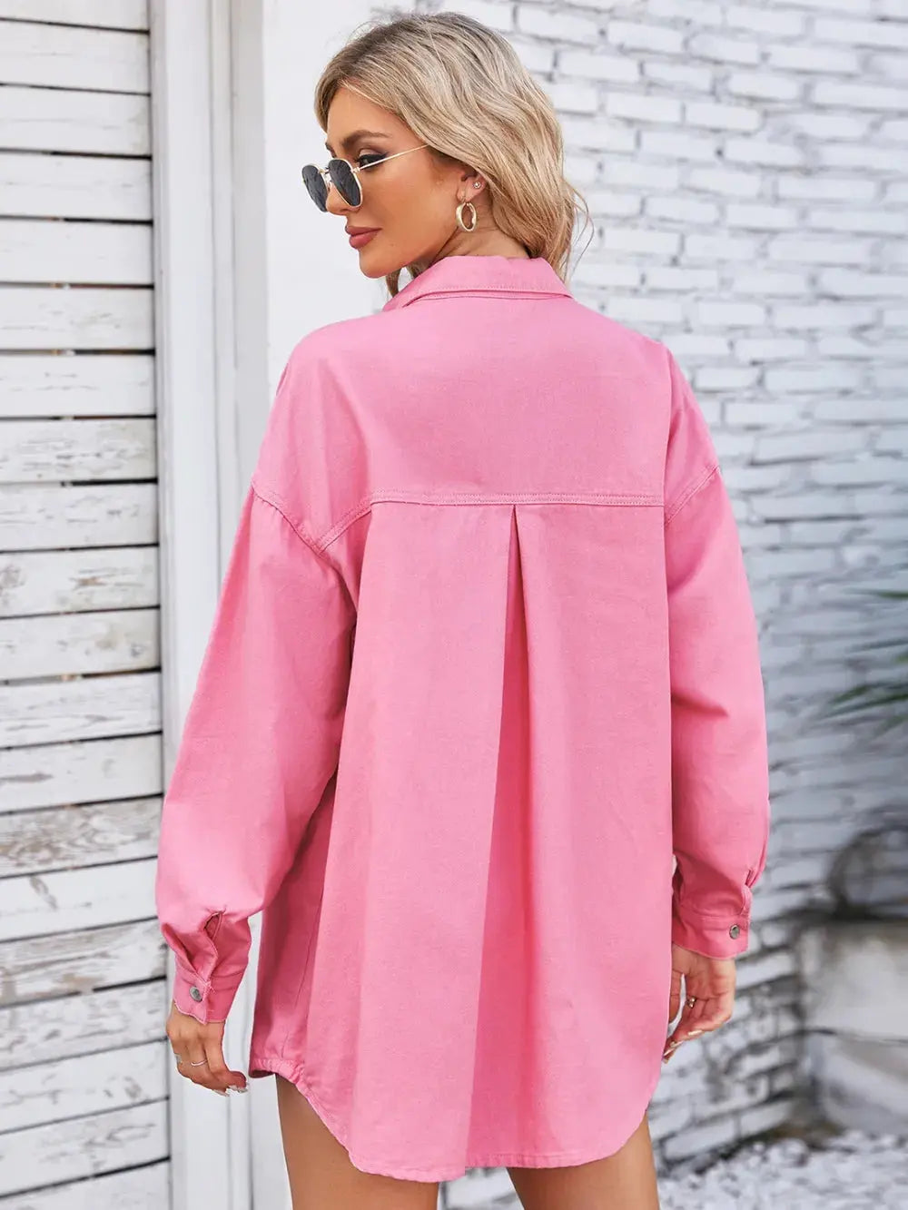 Pocketed Snap Down Dropped Shoulder Denim Shacket by Partner Label