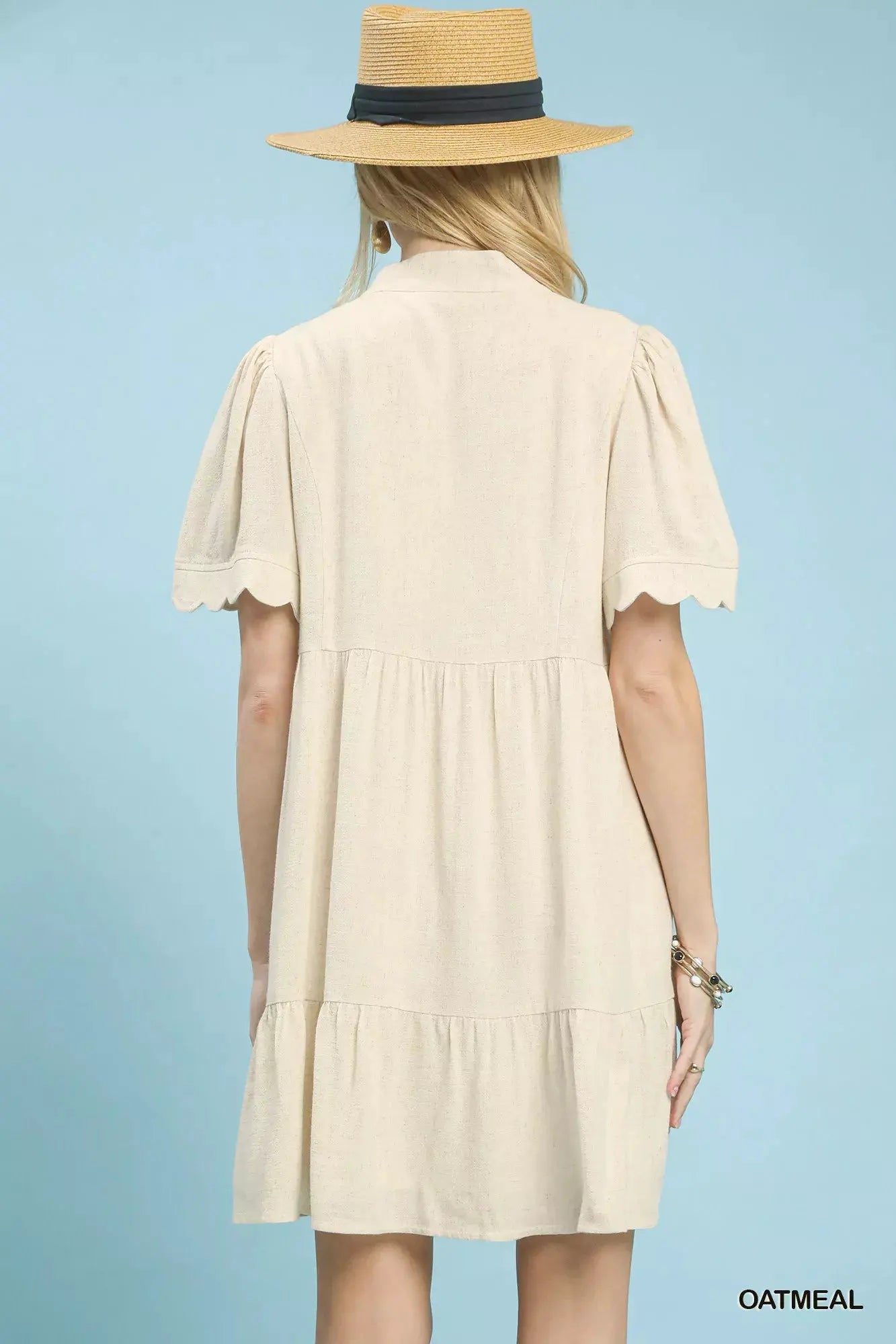 Umgee Linen Tiered Babydoll Dress with Scalloped Sleeves by Umgee