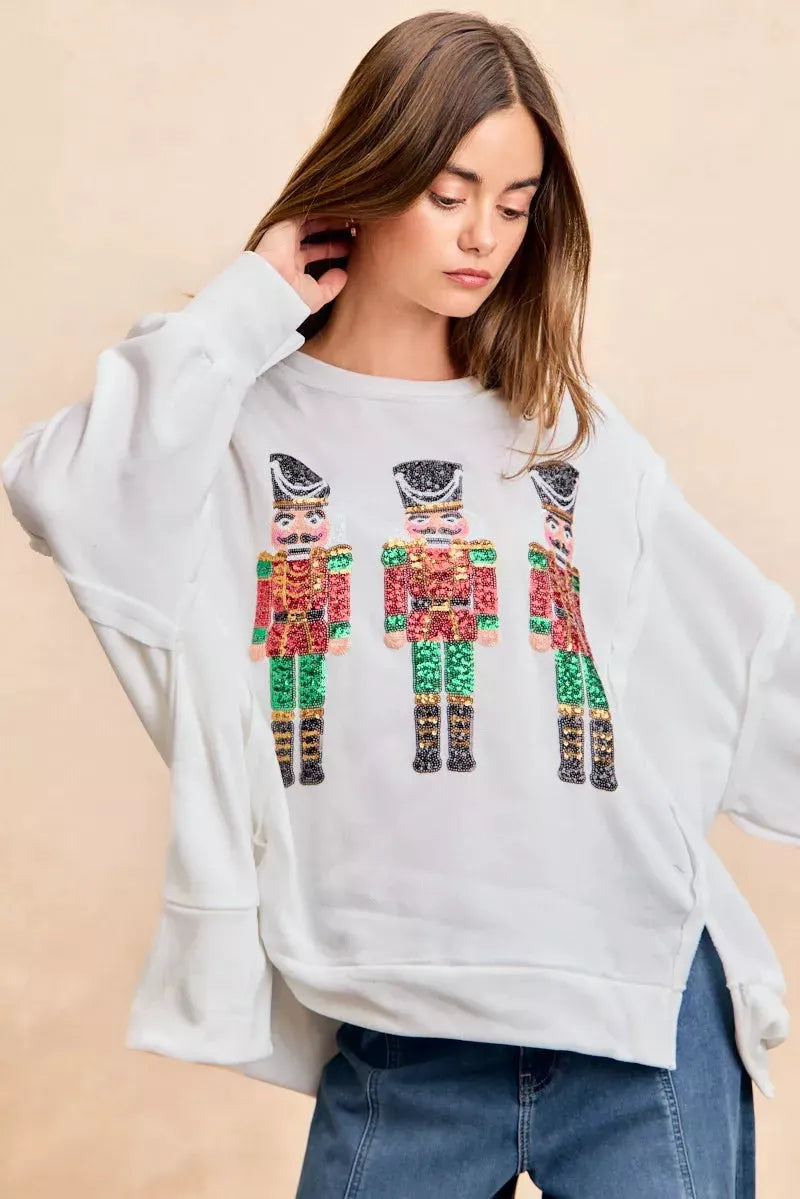BiBi Christmas Sequin Nutcrackers Embroidery Sweatshirt by BiBi