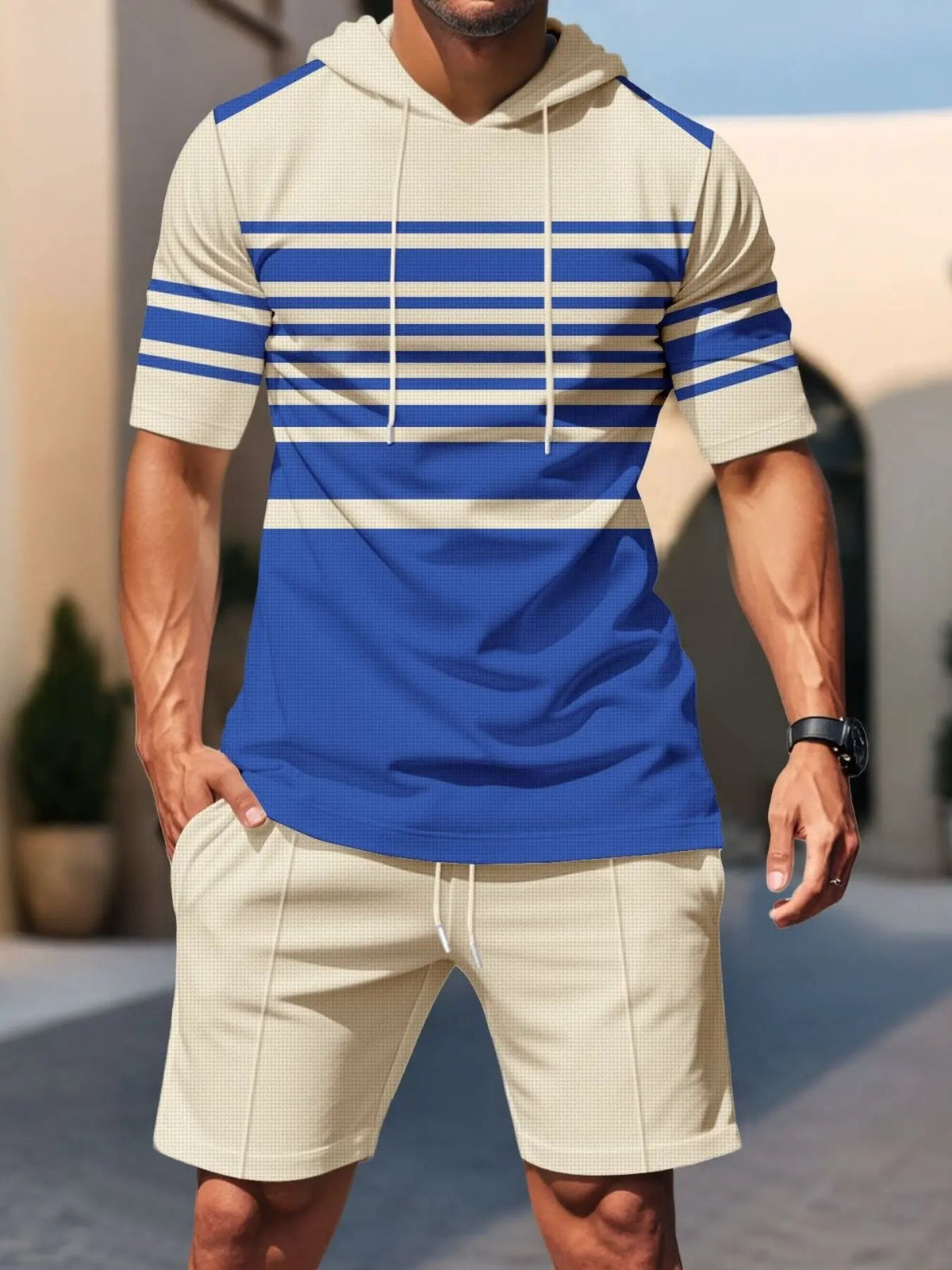 Men's Full Size Striped Short Sleeve Hoodie and Shorts Set Plus Size by Trendsi