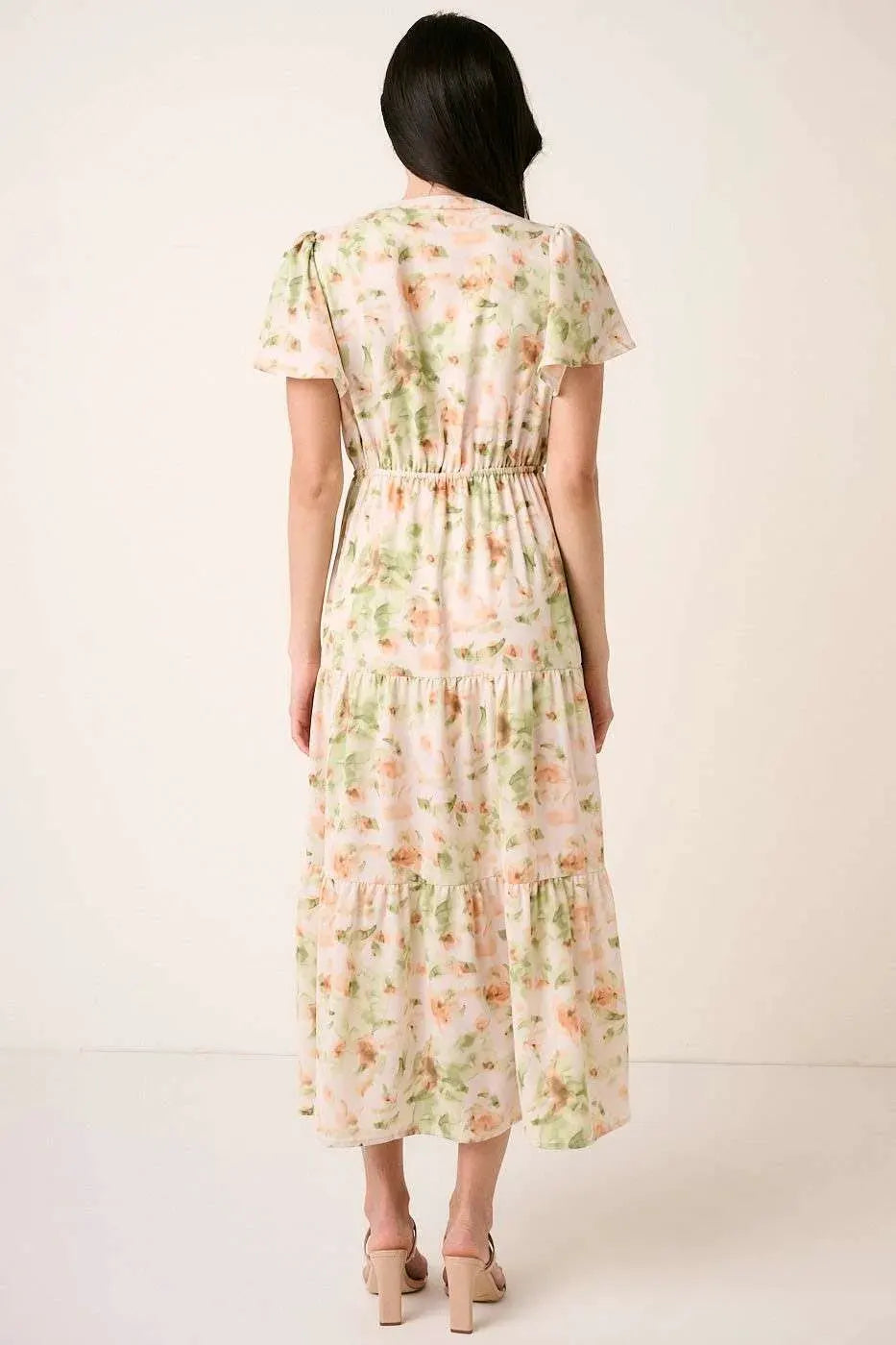 Mittoshop Flower Print Flutter Sleeve V Slit Maxi Dress by Mittoshop