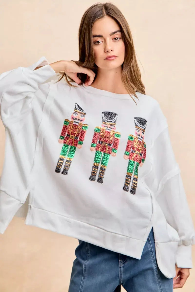 BiBi Christmas Sequin Nutcrackers Embroidery Sweatshirt by BiBi