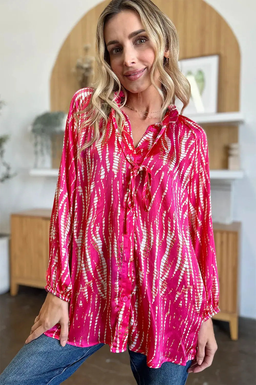 Double Take Full Size Printed Button Up Long Sleeve Shirt by Double Take