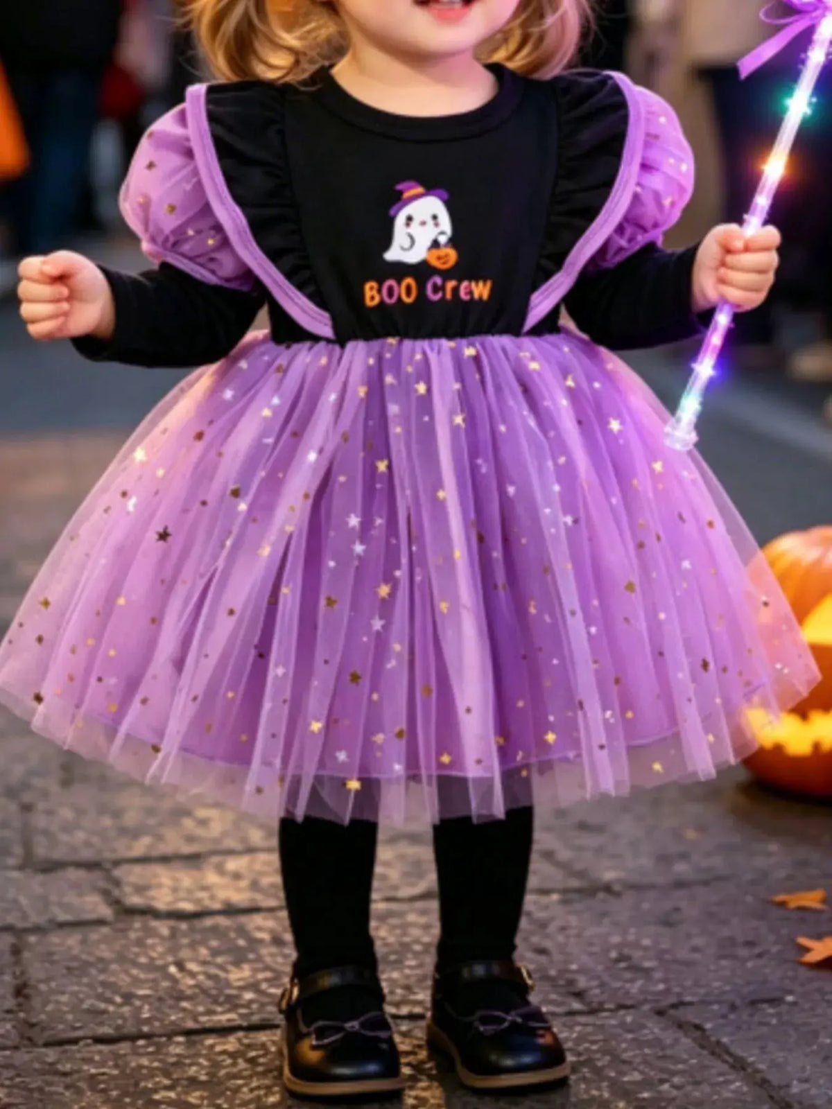 Children's Halloween 'BOO Crew' Ghost Graphic Tulle Tutu Dress by Trendsi
