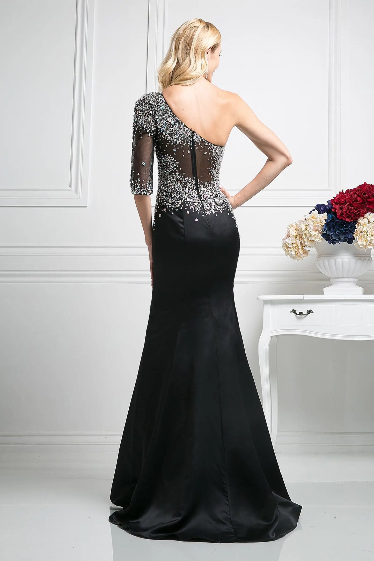 Mermaid dress with asymmetrical neckline and one sleeve by Tux-USA