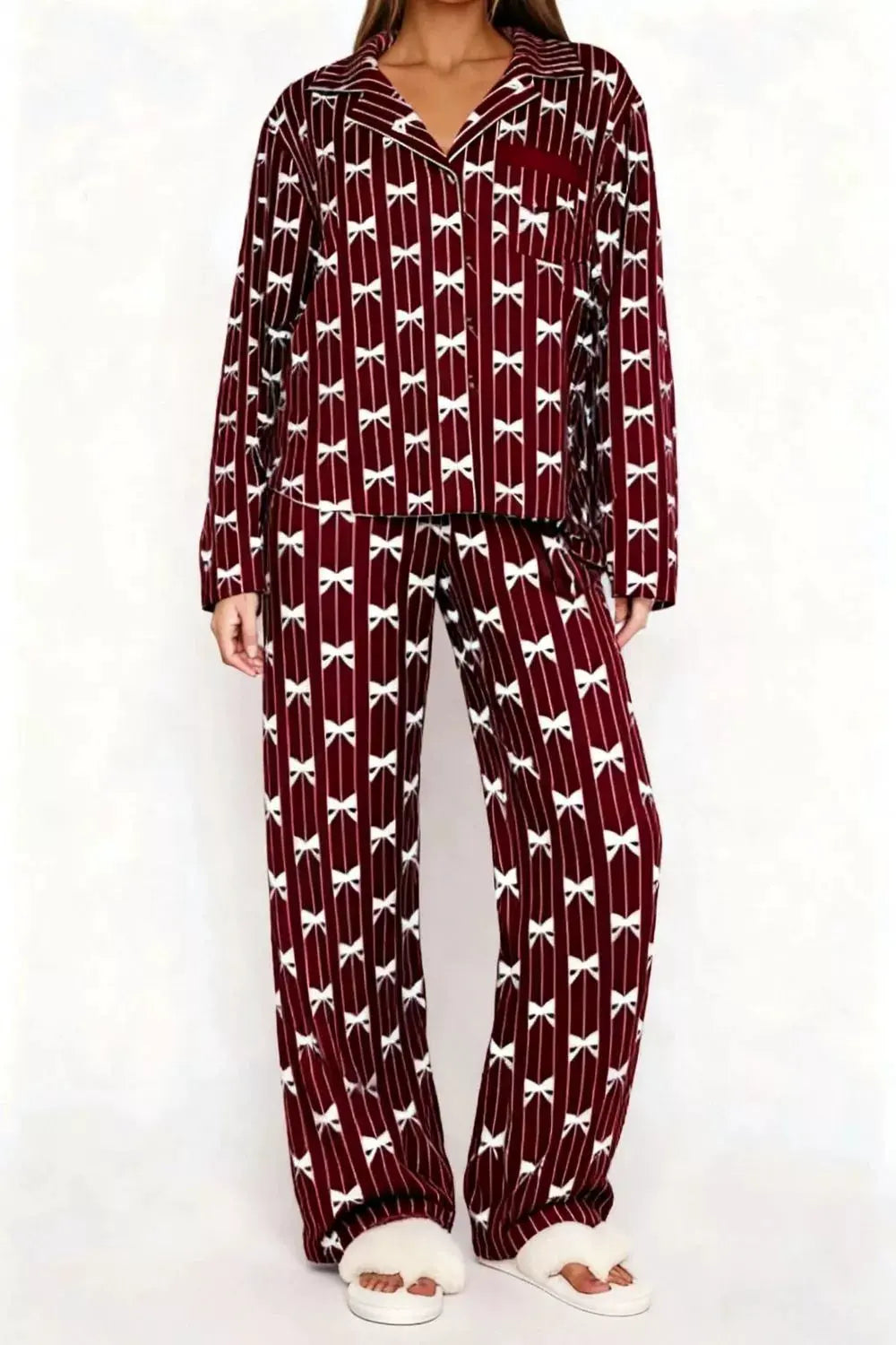 Bow Print Top and Wide Leg Pants Lounge Set by Partner Label