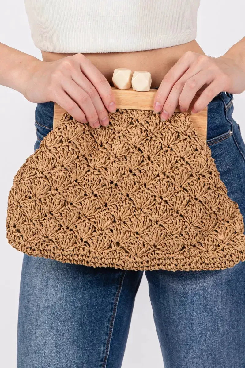 Fame Straw Braided Wooden Frame Cluch Bag by Partner Label