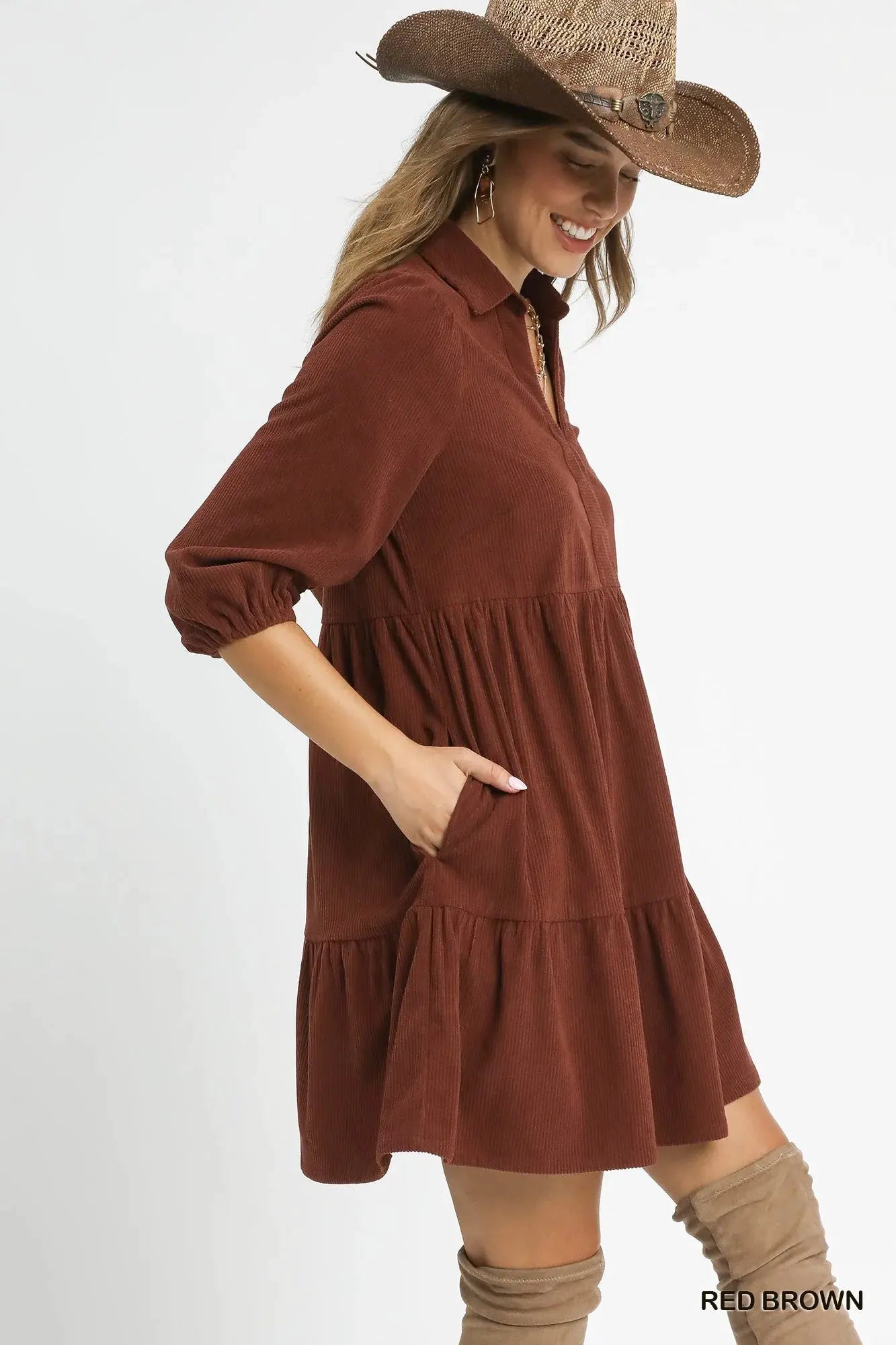 Umgee Tiered Corduroy Mini Dress with Balloon Sleeves by Umgee