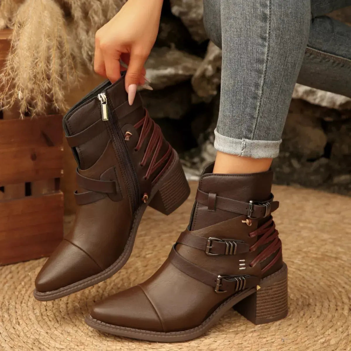 Point Toe Buckle Strap Ankle Boots with Block Heels by Partner Label