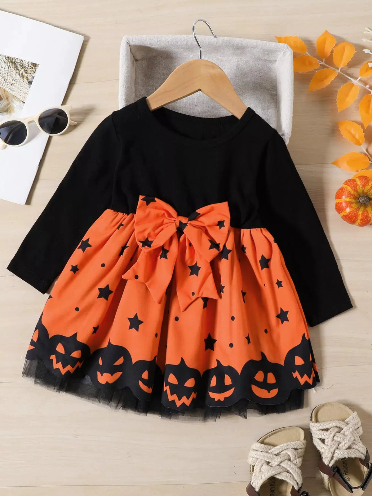 Children's Halloween Pumpkin Print Bowknot Long Sleeve Dress by Trendsi