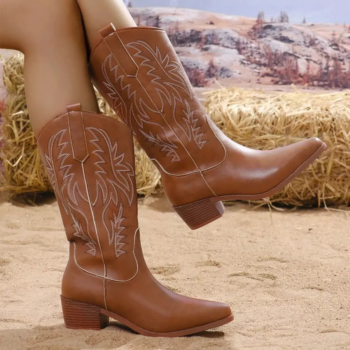 Embroidered Point Toe Block Heels Boots by Partner Label