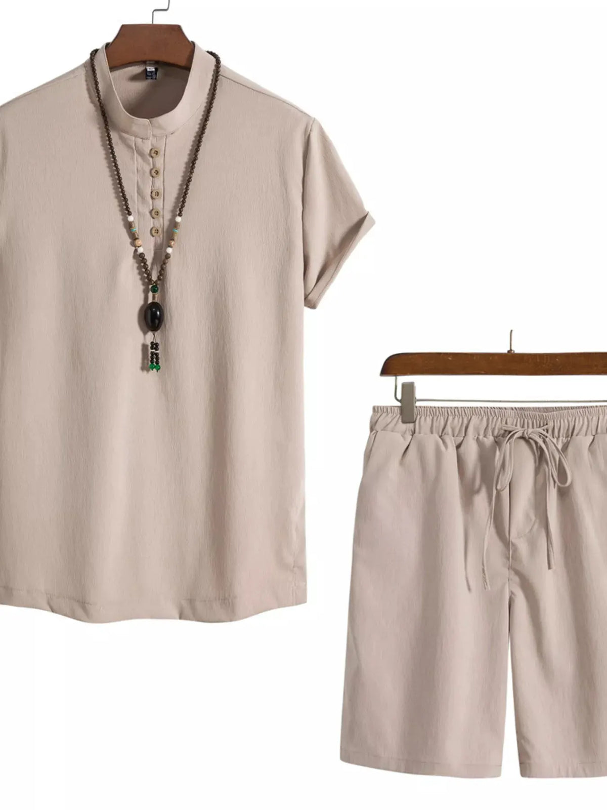 Men's Plus Size Casual Mandarin Collar Short Sleeve Shirt and Shorts Set by Trendsi