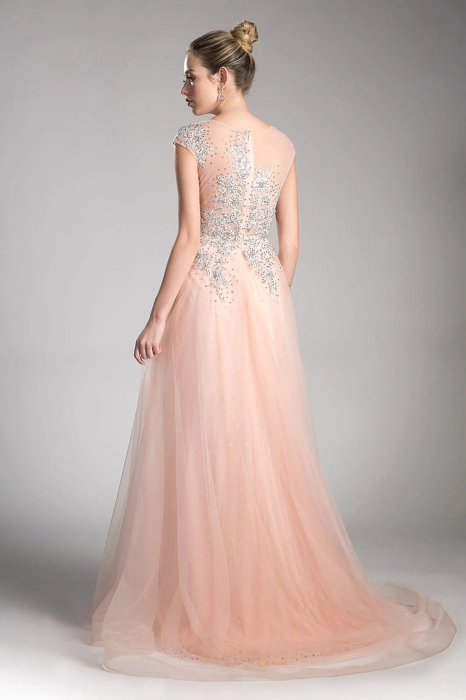 A-line tulle dress with beaded cap sleeve bodice and illusion back by Partner Label