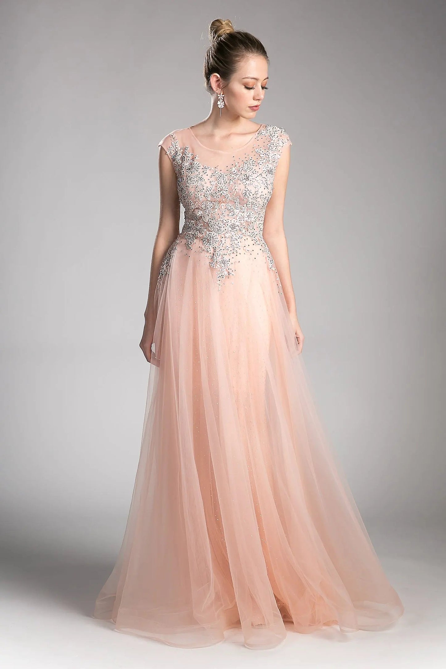 A-line tulle dress with beaded cap sleeve bodice and illusion back by Partner Label