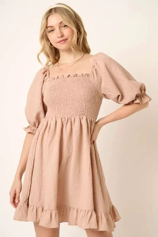 Mittoshop Smocked Ruffled Hem Half Sleeve Mini Dress by Mittoshop