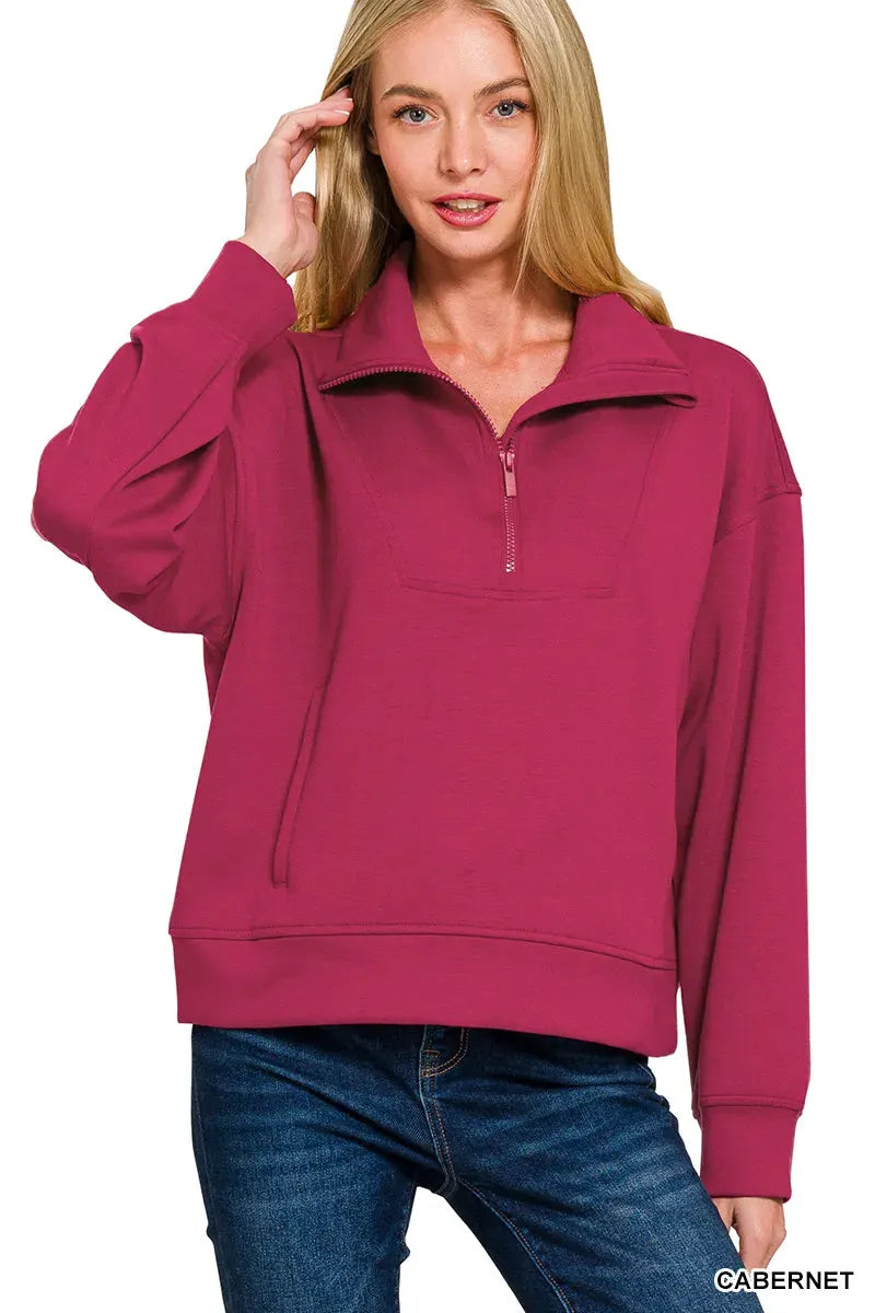 Zenana Scuba Half Zip Sweatshirt with Pockets by Zenana
