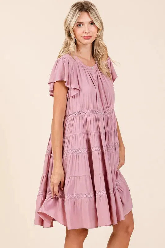 Mittoshop Lace Detail Ruffled Button Down Tiered Dress by Mittoshop