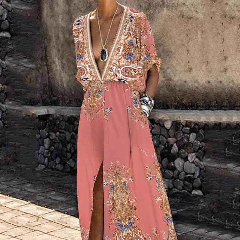 Vintage Pattern Printed Boho Long Dress Women Sexy Deep V by Anybestbuy Store