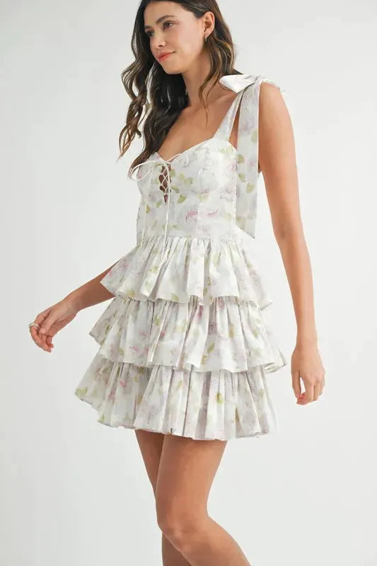 MABLE Floral Print Shoulder Tie Layered Mini Dress by MABLE