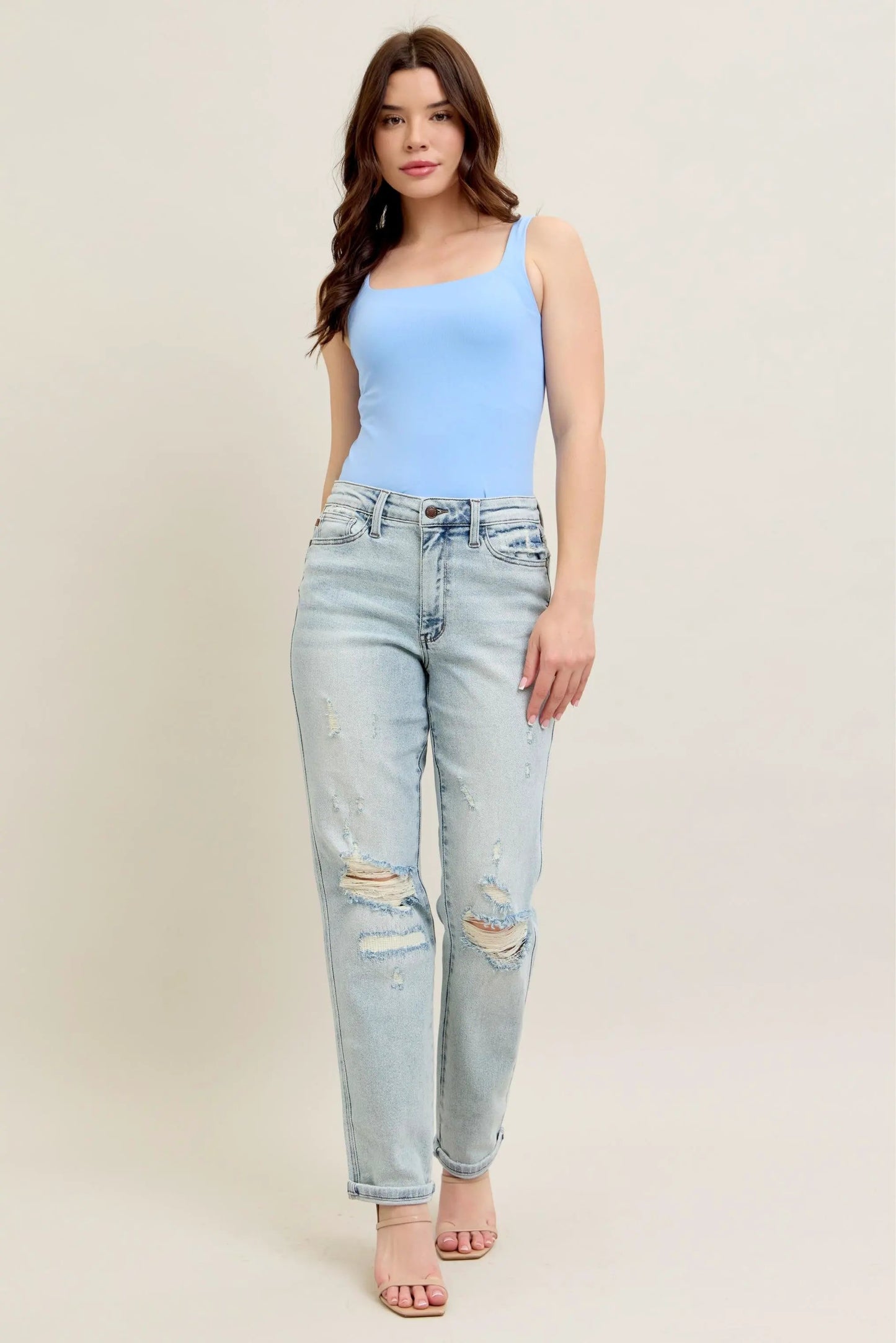 Judy Blue Full Size Mr Repair Stitch Detail Destroy Single Cuff Bf Jeans Plus Size by Judy Blue