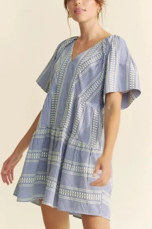 Davi & Dani Embroidered Stripe Ruffled Gingham Mini Dress by Davi & Dani