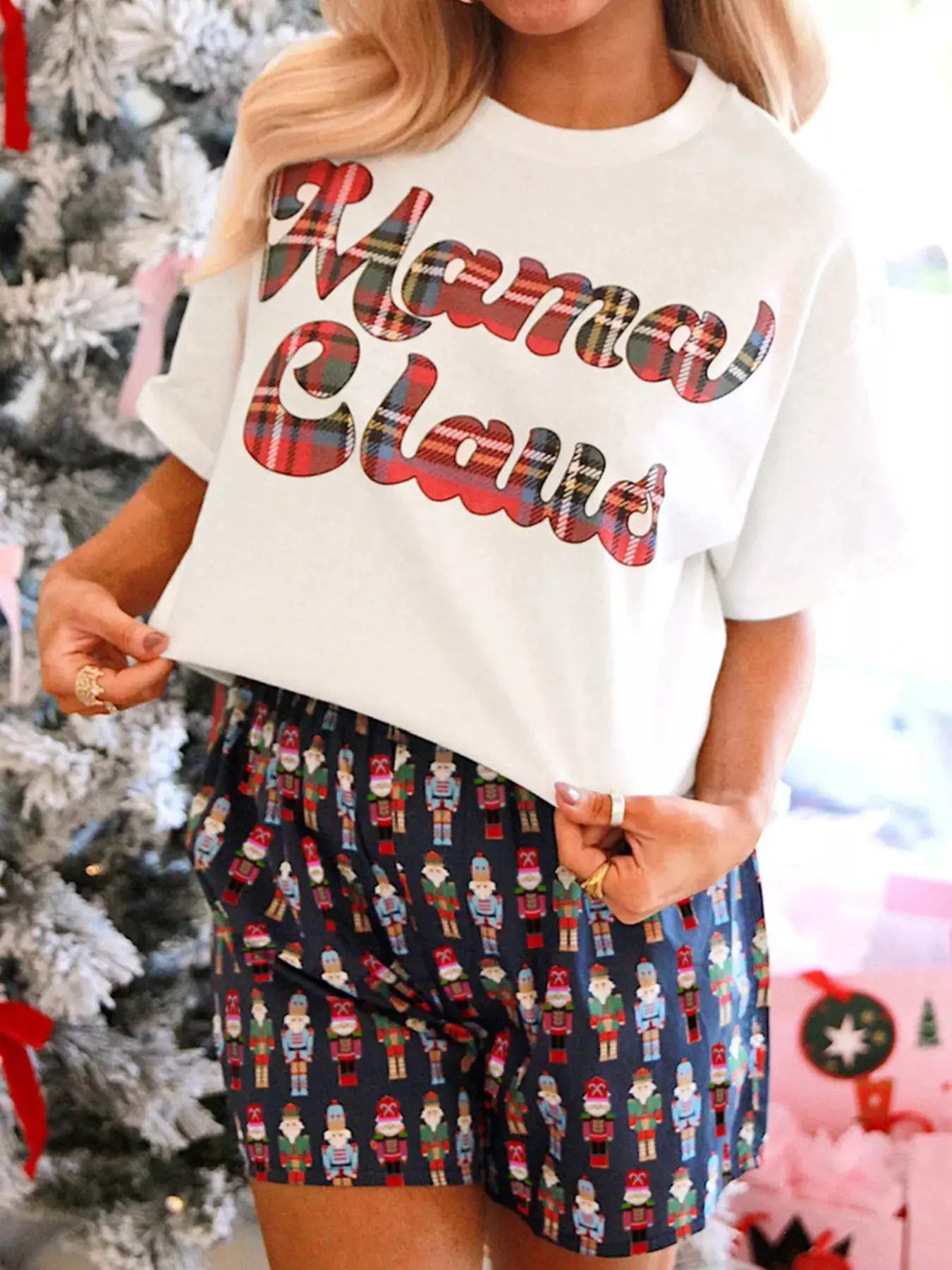Mama Claus Plaid Letter Tee and Nutcracker Shorts 2pcs Lounge Set by Partner Label