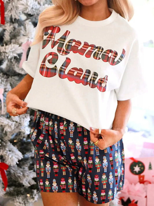 Mama Claus Plaid Letter Tee and Nutcracker Shorts 2pcs Lounge Set by Partner Label