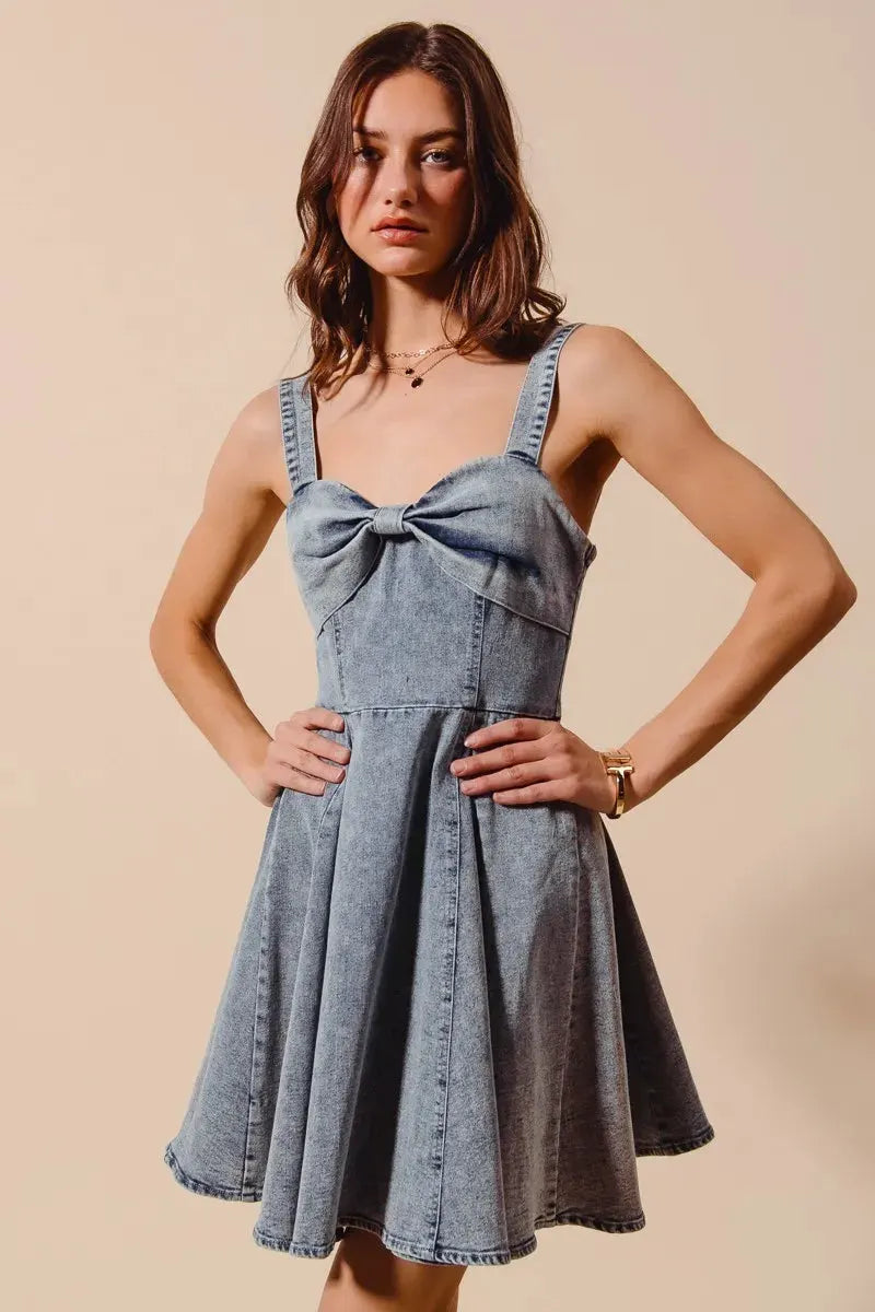 SO ME Mineral Washed Bow Ribbon Denim Flare Dress by Partner Label