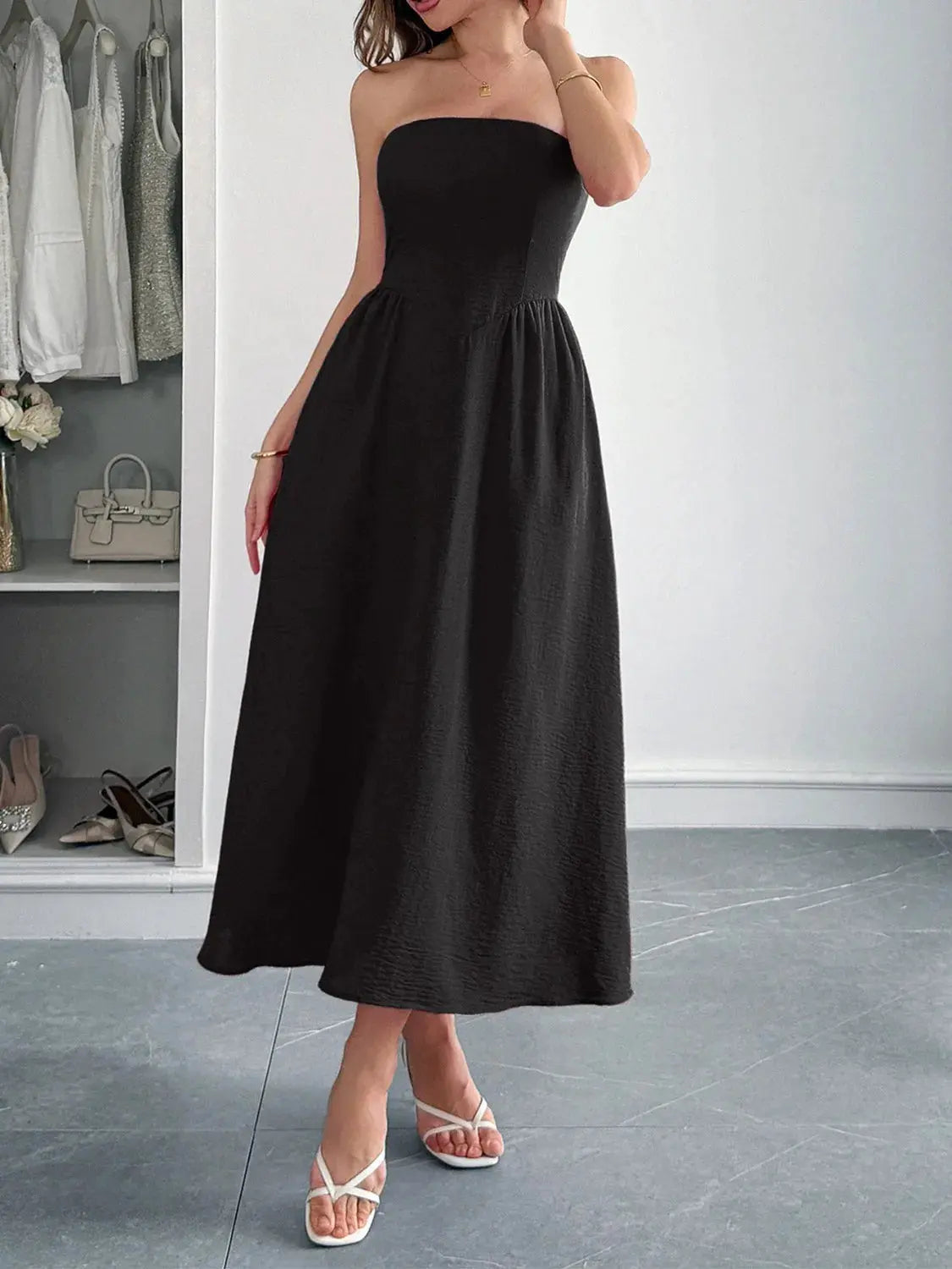 Strapless A-Line Midi Dress with Pockets by Partner Label