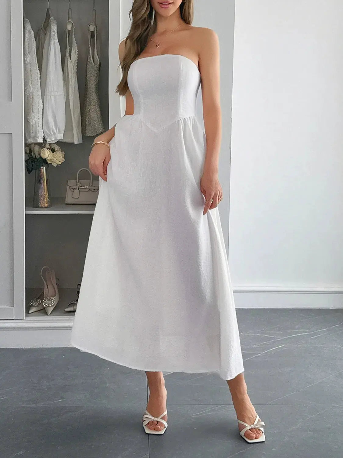 Strapless A-Line Midi Dress with Pockets by Partner Label