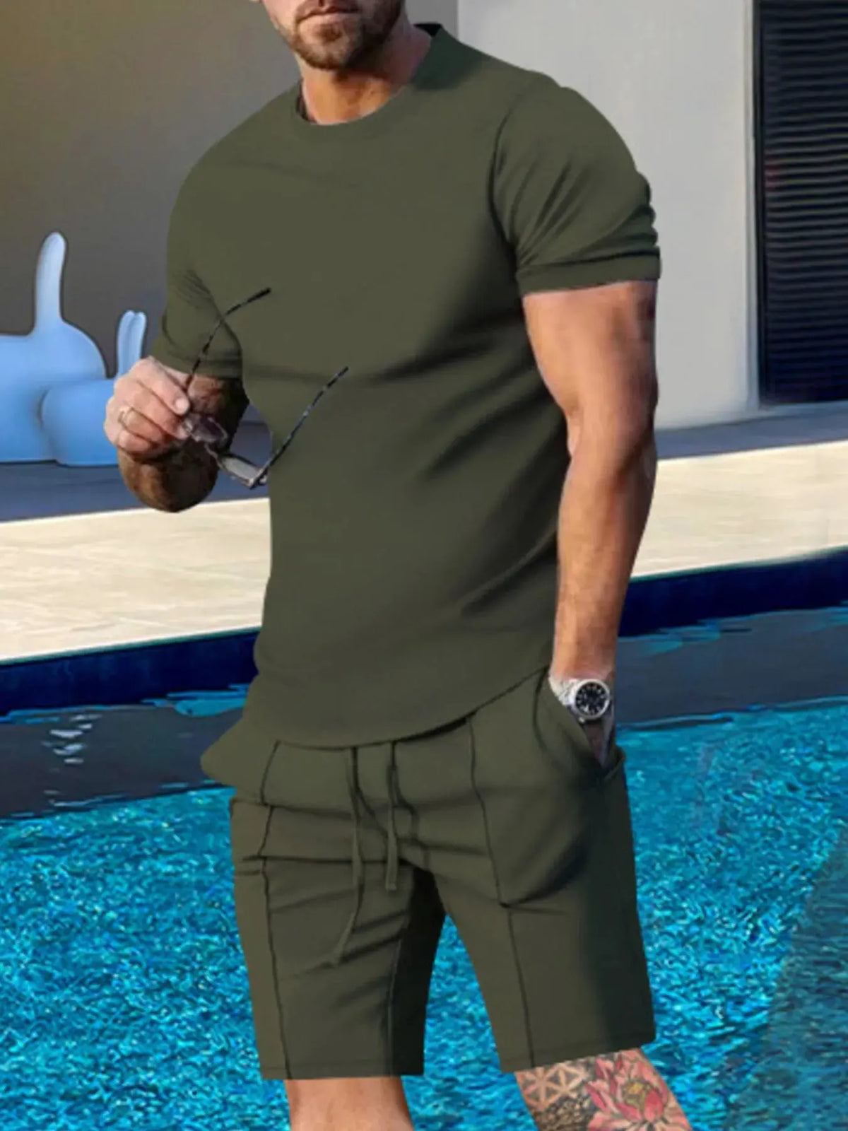 Men's Plus Size Round Neck Short Sleeve Top and Shorts Set by Trendsi