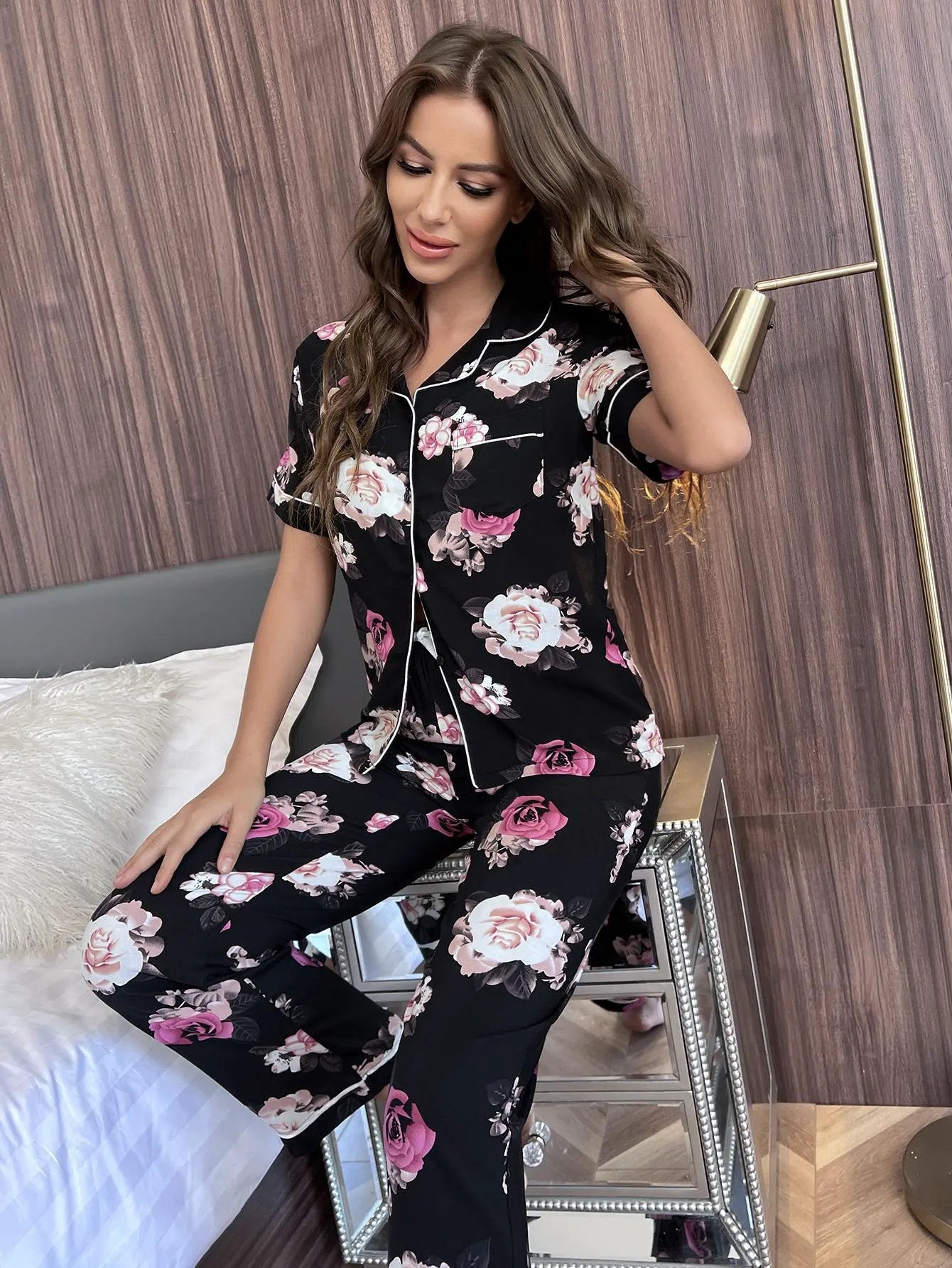Floral Short Sleeve Shirt and Pants Lounge Set by Partner Label