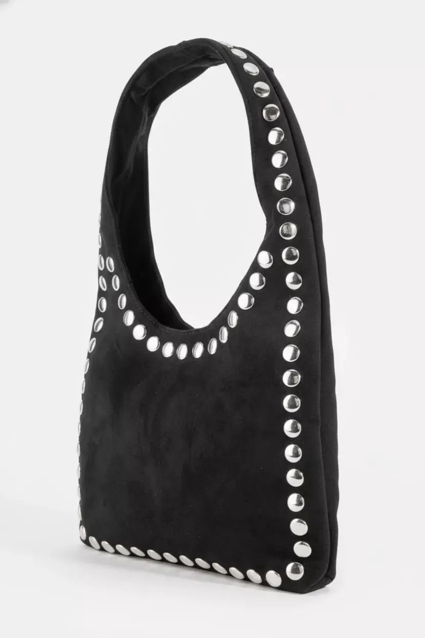 Fame Grommet Border Studded Suede Shoulder Bag by Partner Label