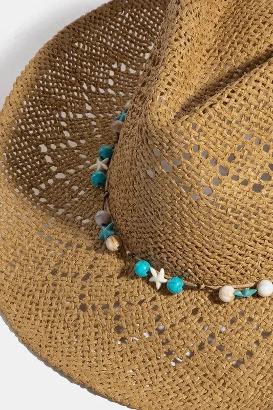 Fame Turquoise and Shell Star Beads Strap Western Straw Hat by Fame