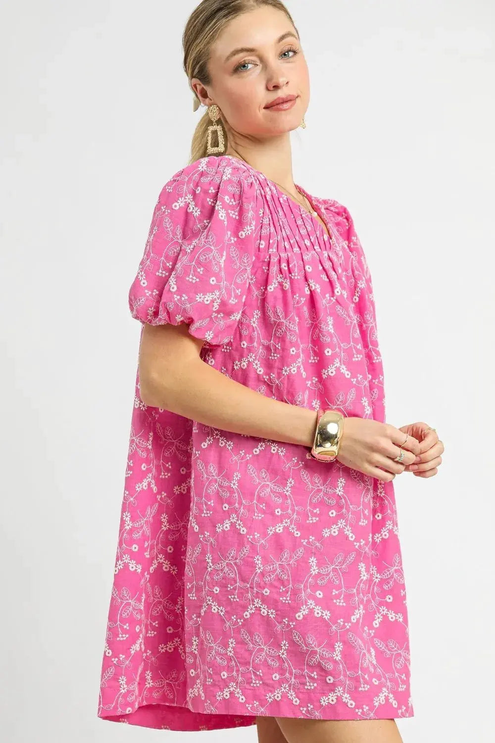 Umgee Floral Puff Sleeve V-Neck Mini Dress by Umgee USA