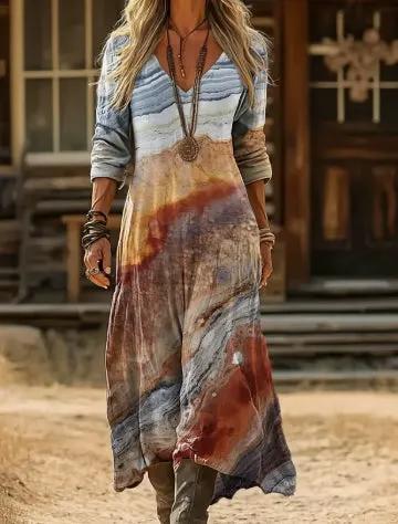 Boho Tie-Dye Watercolor Print V-Neck Long-Sleeve Maxi Dress by Anybestbuy Store