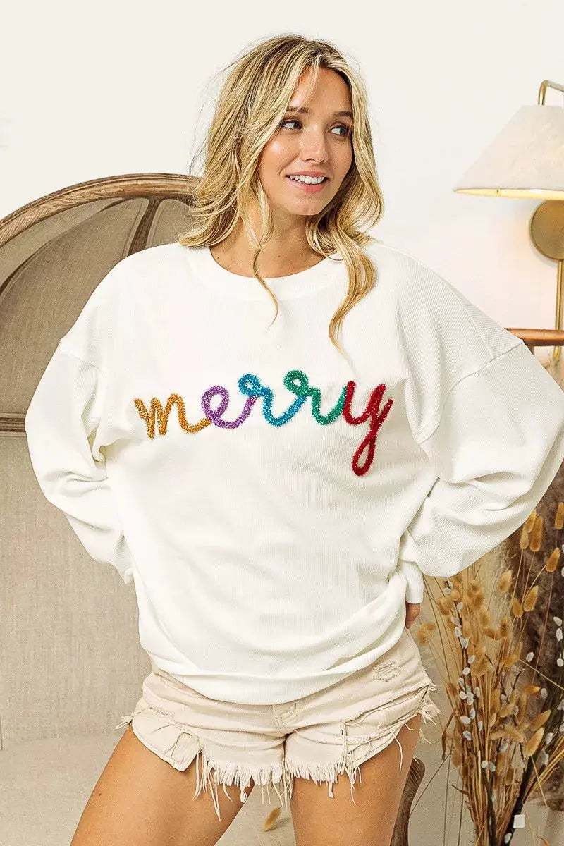 BiBi Merry Tinsel Lettering Drop Shoulder Sweatshirt by BiBi