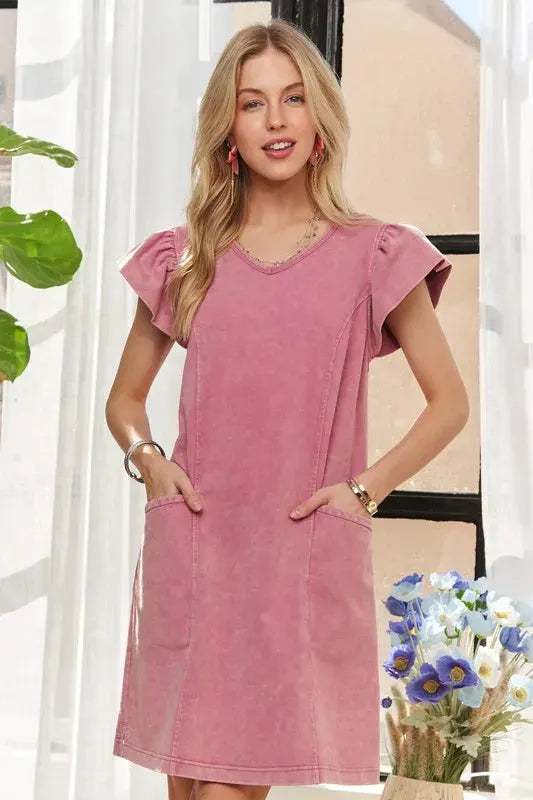 ADORA Mineral Washed V-Neck Ruffled Cap Sleeve Dress by Partner Label