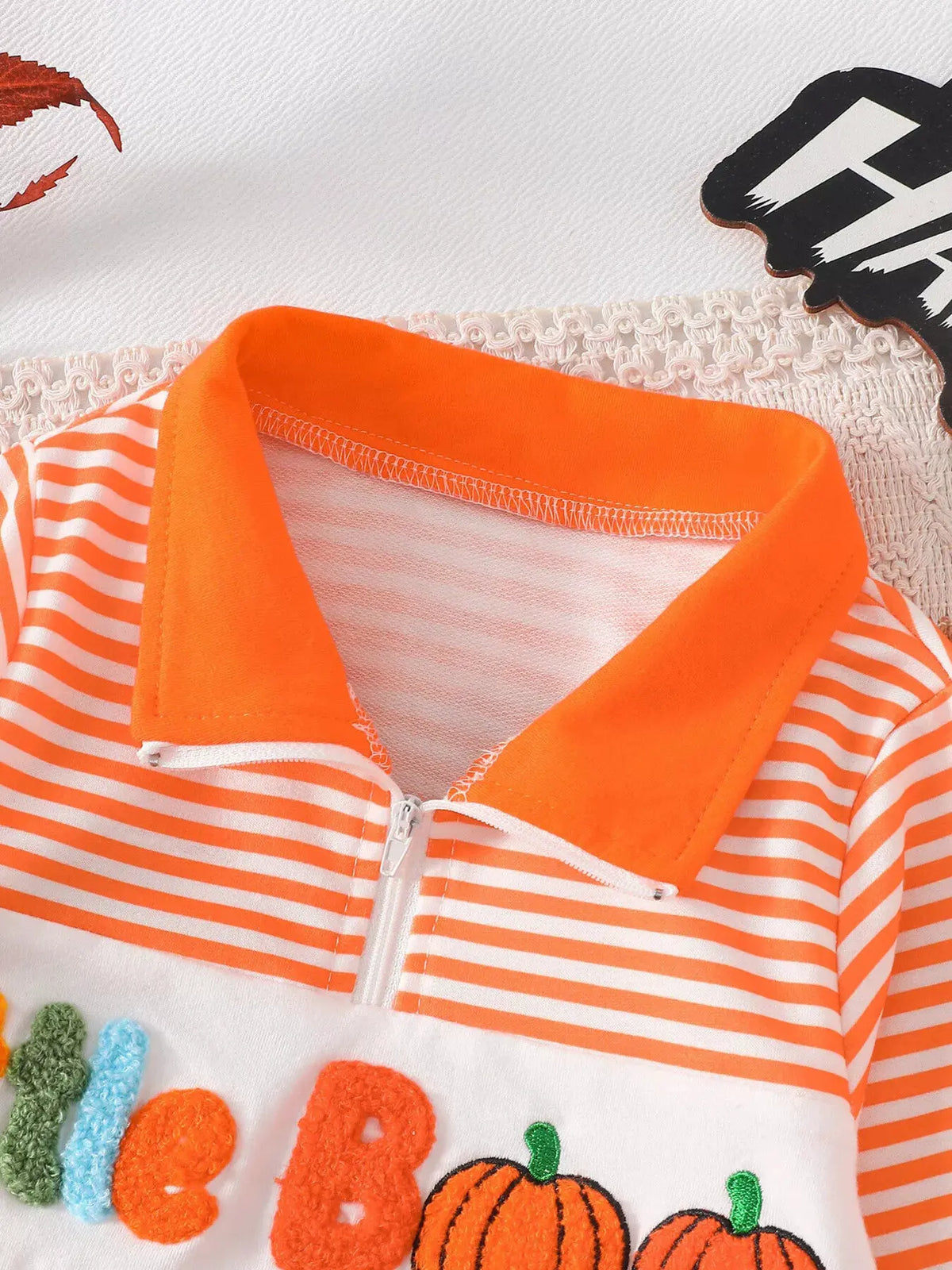 Children's Little Boo Halloween Striped Quarter-Zip Sweatshirt by Trendsi