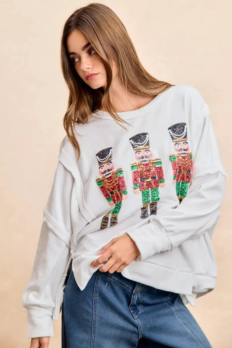 BiBi Christmas Sequin Nutcrackers Embroidery Sweatshirt by BiBi