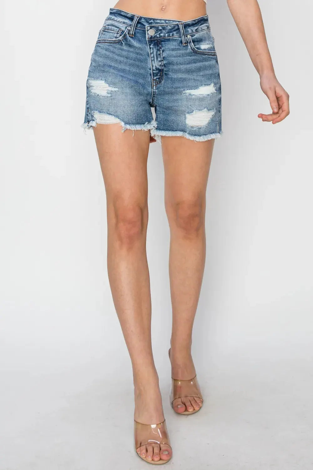 RISEN Stepped Waist Frayed Denim Shorts by RISEN