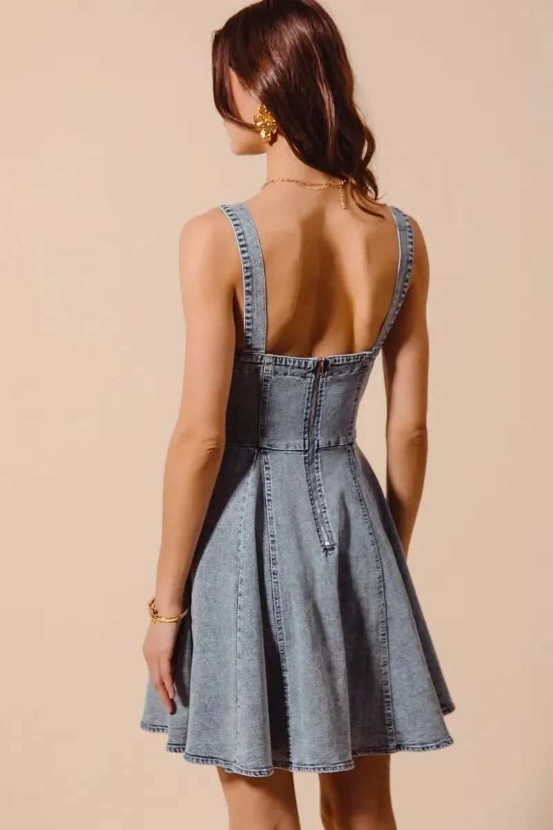 SO ME Mineral Washed Bow Ribbon Denim Flare Dress by Partner Label