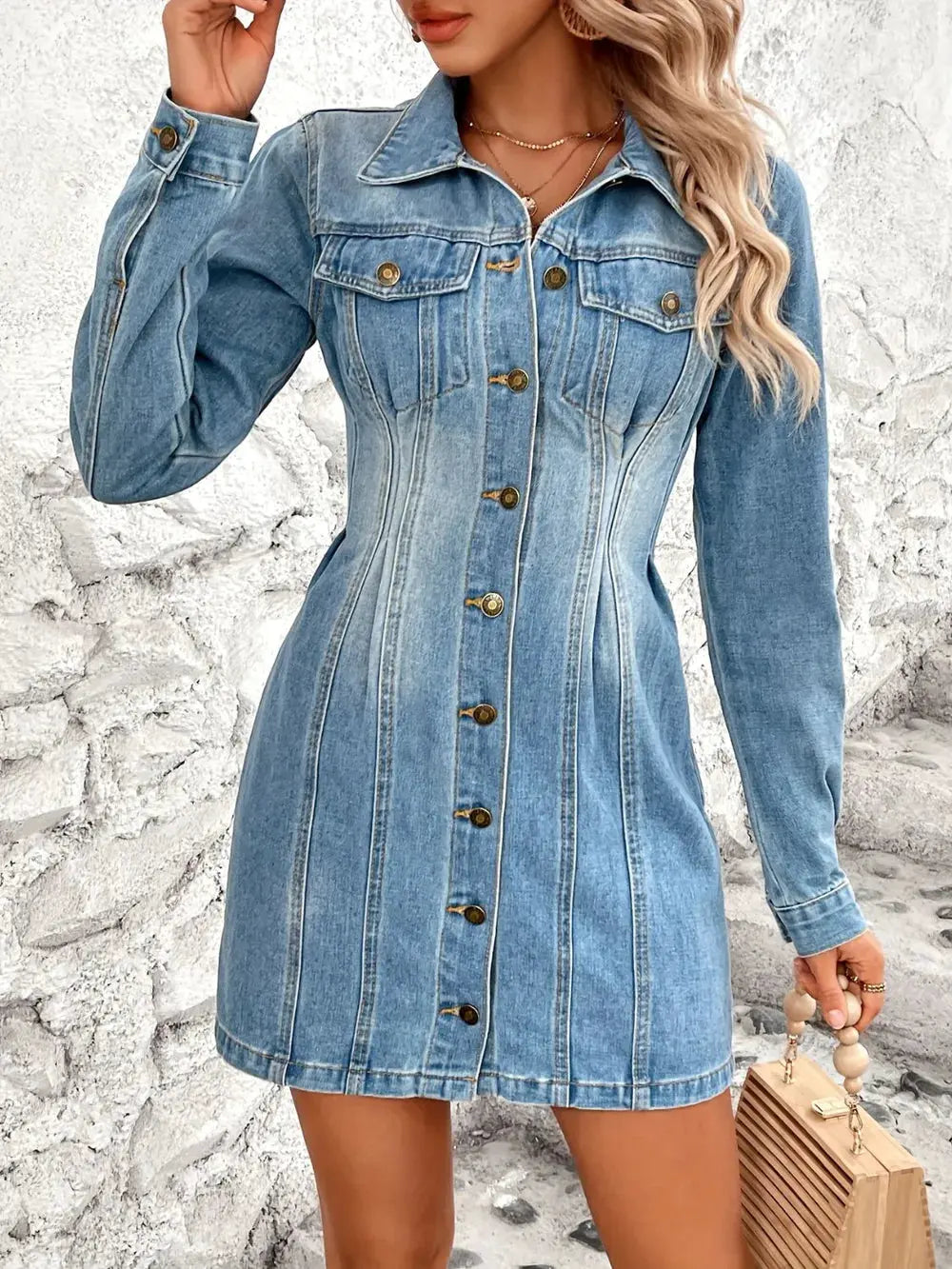 Pocketed Button Up Long Sleeve Denim Dress by Partner Label