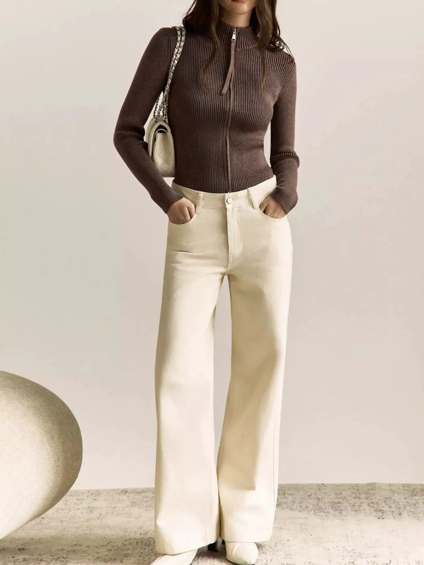 Ribbed Knit Zip-Up Cardigan by Partner Label